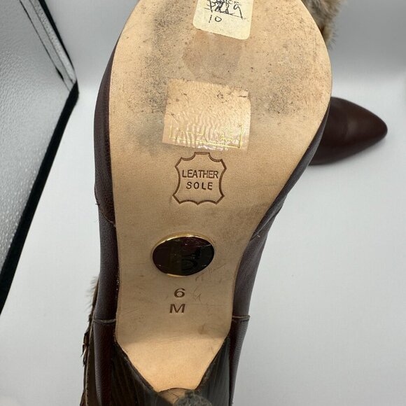 Bebe Vintage Brown Leather Feather-Trimmed Stiletto Boots – Size 6 Used - Picture 6 of 7